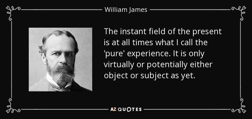 The instant field of the present is at all times what I call the 'pure' experience. It is only virtually or potentially either object or subject as yet. - William James