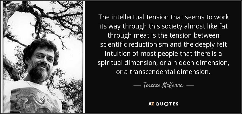 The intellectual tension that seems to work its way through this society almost like fat through meat is the tension between scientific reductionism and the deeply felt intuition of most people that there is a spiritual dimension, or a hidden dimension, or a transcendental dimension. - Terence McKenna