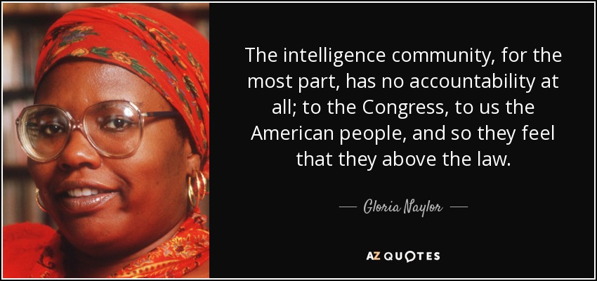 The intelligence community, for the most part, has no accountability at all; to the Congress, to us the American people, and so they feel that they above the law. - Gloria Naylor