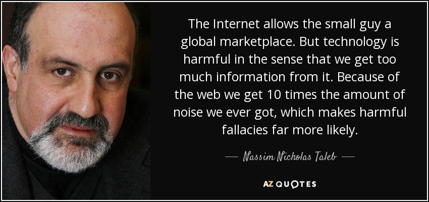 The Internet allows the small guy a global marketplace. But technology is harmful in the sense that we get too much information from it. Because of the web we get 10 times the amount of noise we ever got, which makes harmful fallacies far more likely. - Nassim Nicholas Taleb