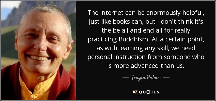 The internet can be enormously helpful, just like books can, but I don't think it's the be all and end all for really practicing Buddhism. At a certain point, as with learning any skill, we need personal instruction from someone who is more advanced than us. - Tenzin Palmo