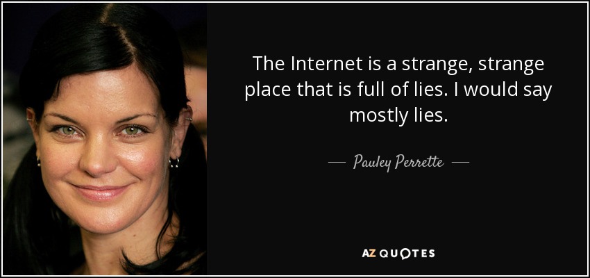 The Internet is a strange, strange place that is full of lies. I would say mostly lies. - Pauley Perrette