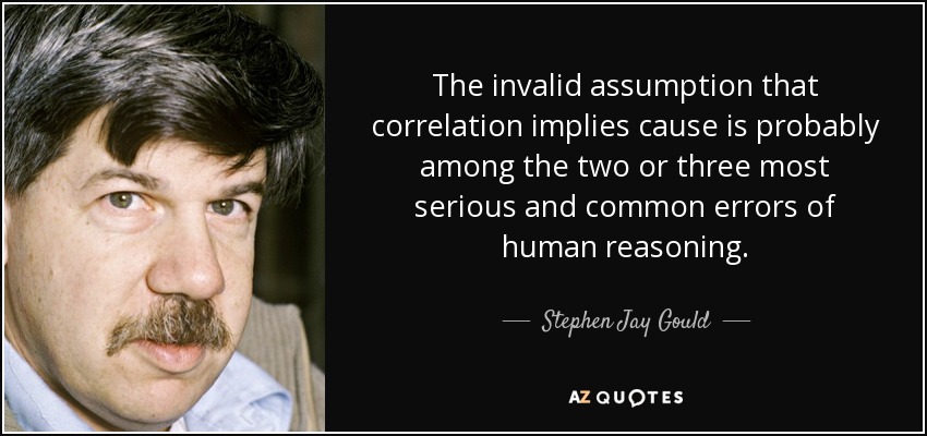 The invalid assumption that correlation implies cause is probably among the two or three most serious and common errors of human reasoning. - Stephen Jay Gould