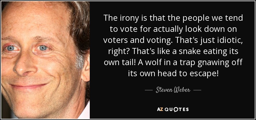 The irony is that the people we tend to vote for actually look down on voters and voting. That's just idiotic, right? That's like a snake eating its own tail! A wolf in a trap gnawing off its own head to escape! - Steven Weber