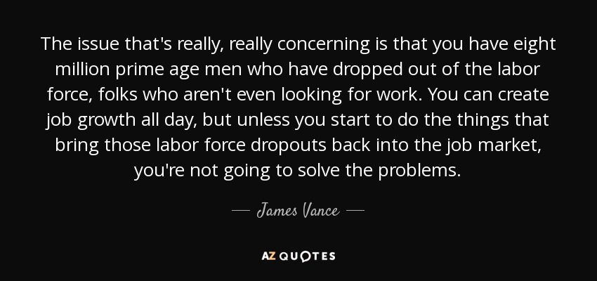 The issue that's really, really concerning is that you have eight million prime age men who have dropped out of the labor force, folks who aren't even looking for work. You can create job growth all day, but unless you start to do the things that bring those labor force dropouts back into the job market, you're not going to solve the problems. - James Vance