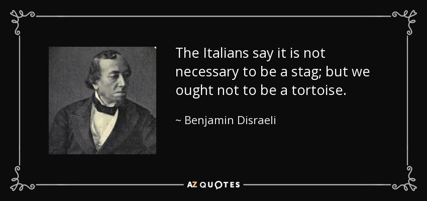 The Italians say it is not necessary to be a stag; but we ought not to be a tortoise. - Benjamin Disraeli