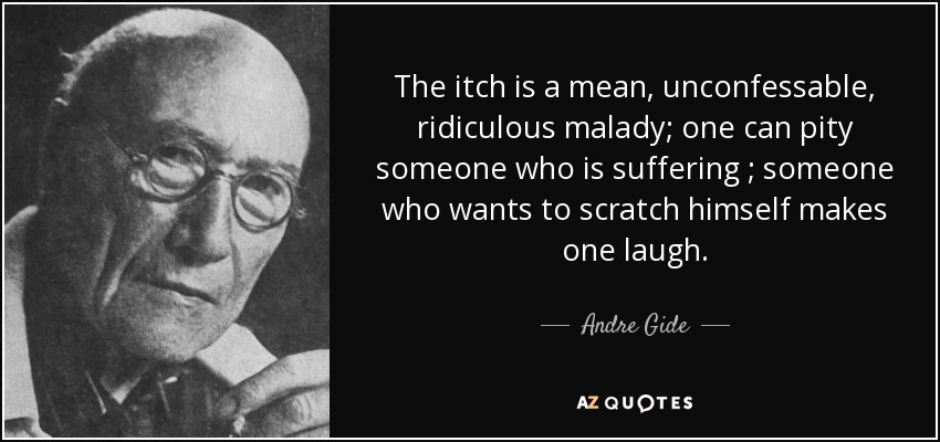 The itch is a mean, unconfessable, ridiculous malady; one can pity someone who is suffering ; someone who wants to scratch himself makes one laugh. - Andre Gide