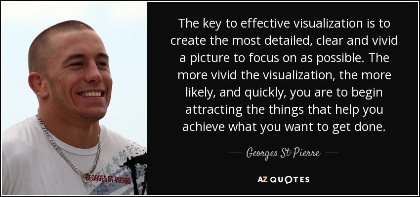 The key to effective visualization is to create the most detailed, clear and vivid a picture to focus on as possible. The more vivid the visualization, the more likely, and quickly, you are to begin attracting the things that help you achieve what you want to get done. - Georges St-Pierre
