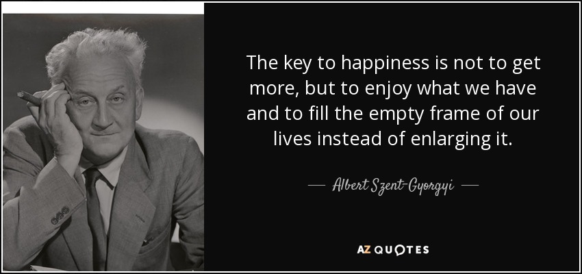 The key to happiness is not to get more, but to enjoy what we have and to fill the empty frame of our lives instead of enlarging it. - Albert Szent-Gyorgyi