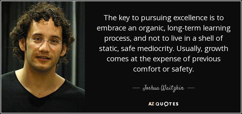 The key to pursuing excellence is to embrace an organic, long-term learning process, and not to live in a shell of static, safe mediocrity. Usually, growth comes at the expense of previous comfort or safety. - Joshua Waitzkin