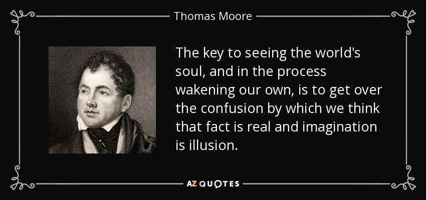 The key to seeing the world's soul, and in the process wakening our own, is to get over the confusion by which we think that fact is real and imagination is illusion. - Thomas Moore