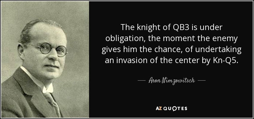 The knight of QB3 is under obligation, the moment the enemy gives him the chance, of undertaking an invasion of the center by Kn-Q5. - Aron Nimzowitsch