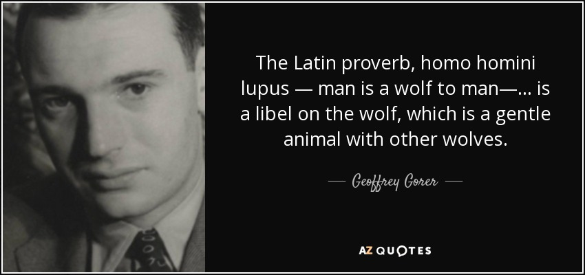 The Latin proverb, homo homini lupus — man is a wolf to man—... is a libel on the wolf, which is a gentle animal with other wolves. - Geoffrey Gorer