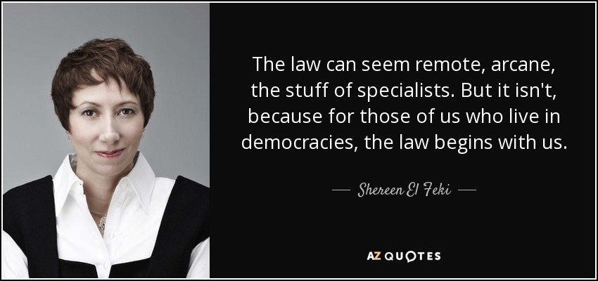 The law can seem remote, arcane, the stuff of specialists. But it isn't, because for those of us who live in democracies, the law begins with us. - Shereen El Feki
