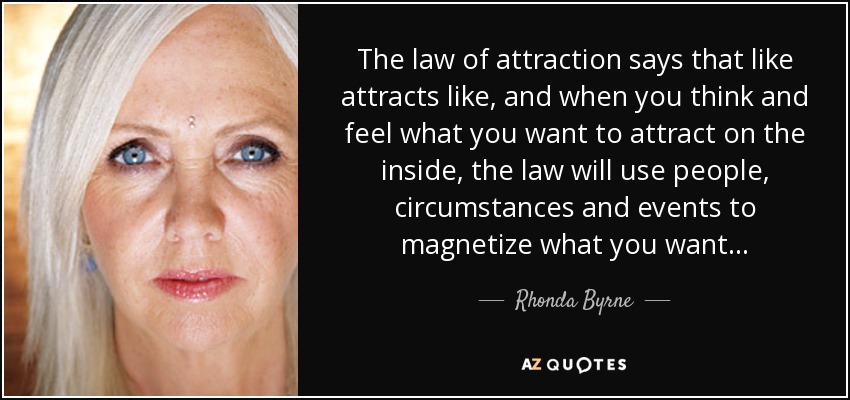 The law of attraction says that like attracts like, and when you think and feel what you want to attract on the inside, the law will use people, circumstances and events to magnetize what you want... - Rhonda Byrne