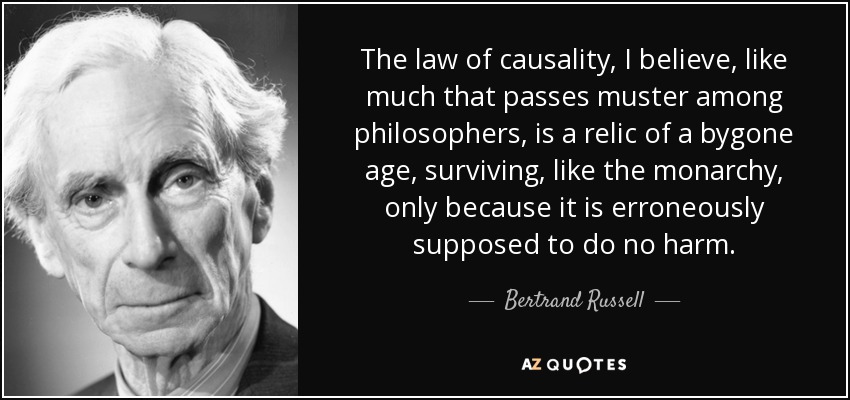 The law of causality, I believe, like much that passes muster among philosophers, is a relic of a bygone age, surviving, like the monarchy, only because it is erroneously supposed to do no harm. - Bertrand Russell