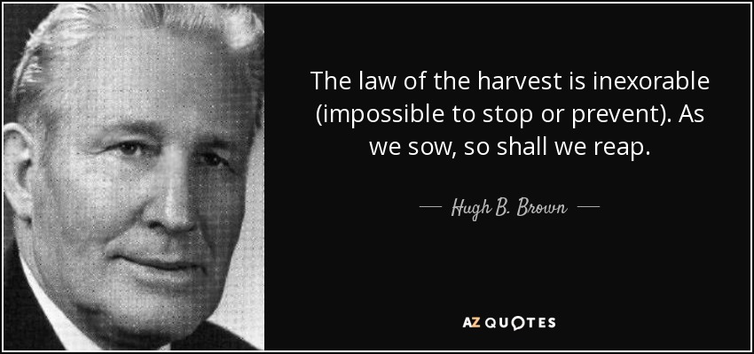 The law of the harvest is inexorable (impossible to stop or prevent) . As we sow, so shall we reap. - Hugh B. Brown