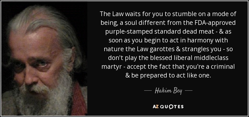 The Law waits for you to stumble on a mode of being, a soul different from the FDA-approved purple-stamped standard dead meat - & as soon as you begin to act in harmony with nature the Law garottes & strangles you - so don't play the blessed liberal middleclass martyr - accept the fact that you're a criminal & be prepared to act like one. - Hakim Bey
