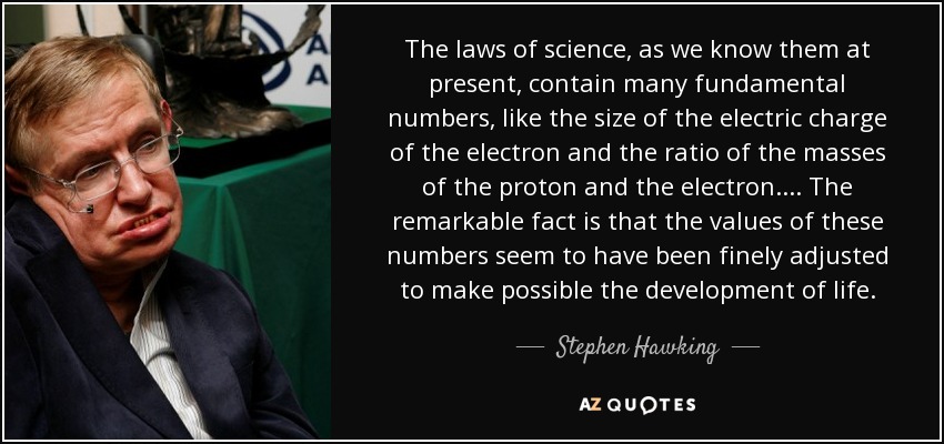 The laws of science, as we know them at present, contain many fundamental numbers, like the size of the electric charge of the electron and the ratio of the masses of the proton and the electron .... The remarkable fact is that the values of these numbers seem to have been finely adjusted to make possible the development of life. - Stephen Hawking