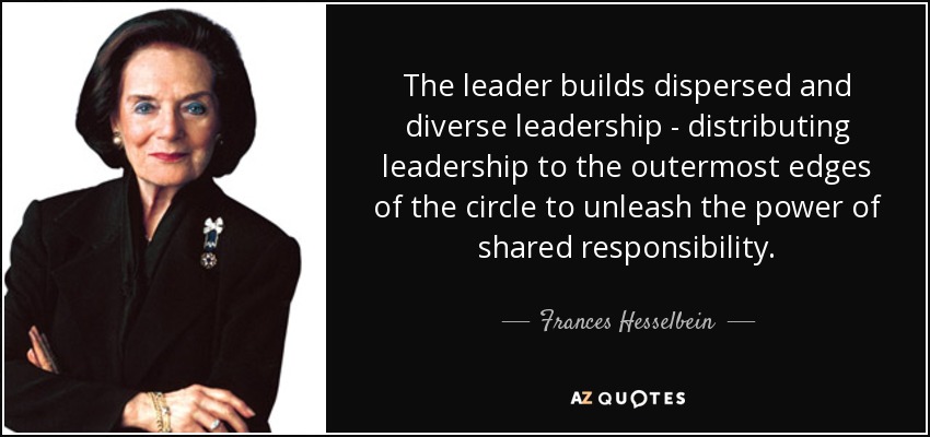 The leader builds dispersed and diverse leadership - distributing leadership to the outermost edges of the circle to unleash the power of shared responsibility. - Frances Hesselbein