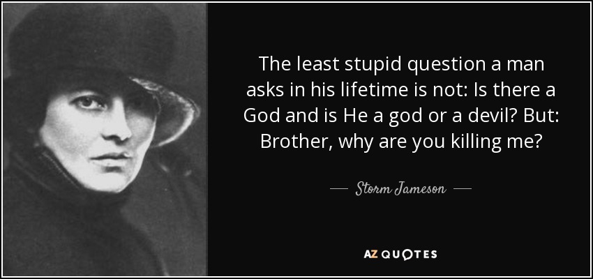 The least stupid question a man asks in his lifetime is not: Is there a God and is He a god or a devil? But: Brother, why are you killing me? - Storm Jameson