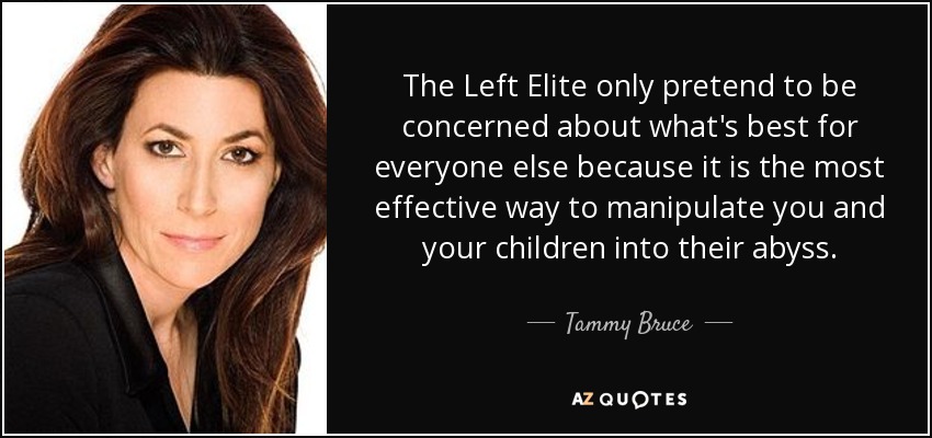 The Left Elite only pretend to be concerned about what's best for everyone else because it is the most effective way to manipulate you and your children into their abyss. - Tammy Bruce