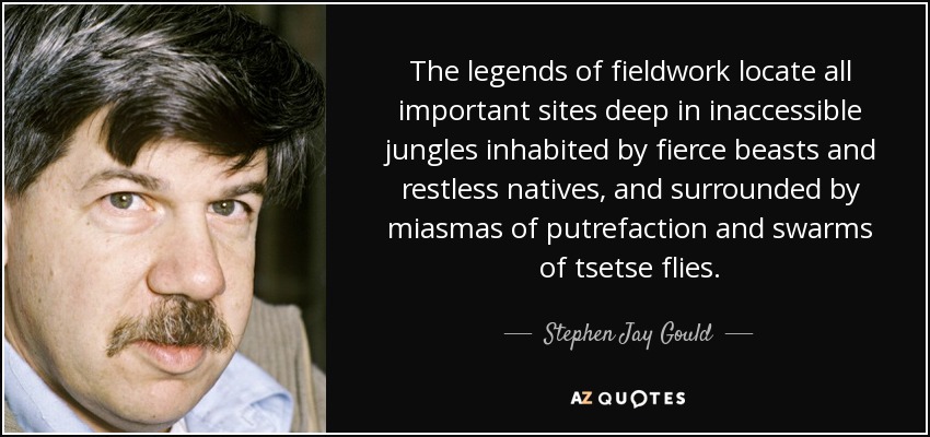 The legends of fieldwork locate all important sites deep in inaccessible jungles inhabited by fierce beasts and restless natives, and surrounded by miasmas of putrefaction and swarms of tsetse flies. - Stephen Jay Gould