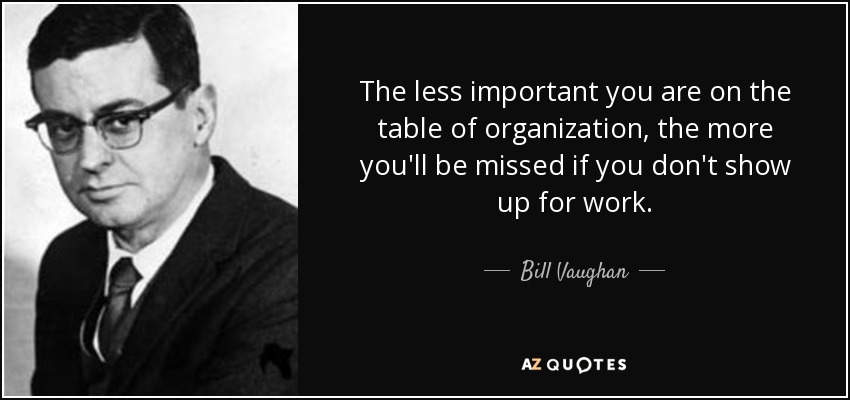 The less important you are on the table of organization, the more you'll be missed if you don't show up for work. - Bill Vaughan