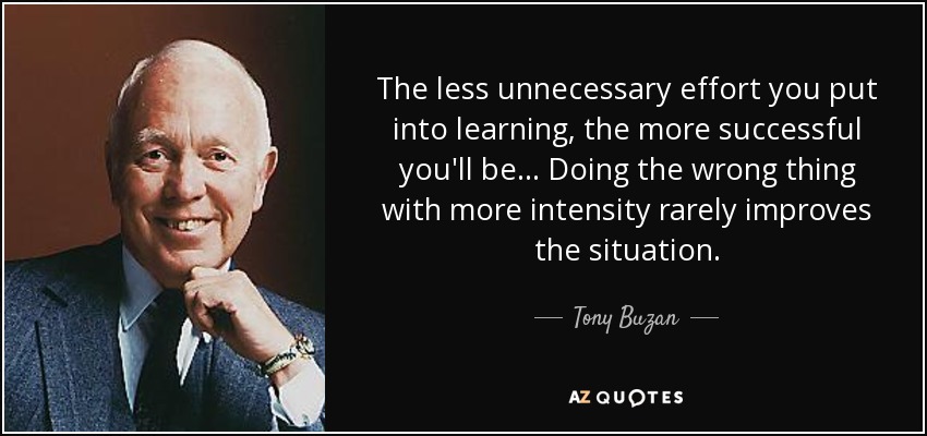 The less unnecessary effort you put into learning, the more successful you'll be . . . Doing the wrong thing with more intensity rarely improves the situation. - Tony Buzan