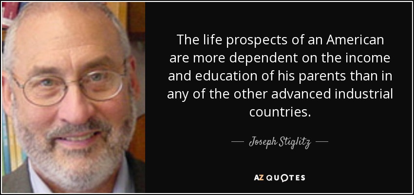 The life prospects of an American are more dependent on the income and education of his parents than in any of the other advanced industrial countries. - Joseph Stiglitz