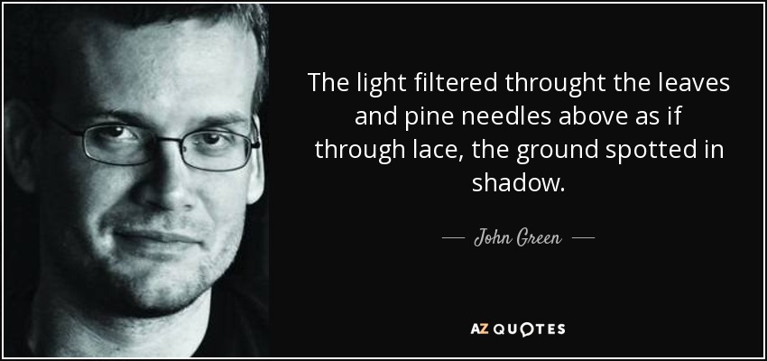 The light filtered throught the leaves and pine needles above as if through lace, the ground spotted in shadow. - John Green