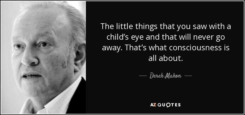 The little things that you saw with a child’s eye and that will never go away. That’s what consciousness is all about. - Derek Mahon