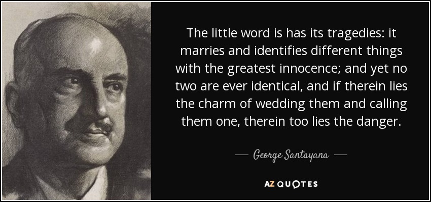 The little word is has its tragedies: it marries and identifies different things with the greatest innocence; and yet no two are ever identical, and if therein lies the charm of wedding them and calling them one, therein too lies the danger. - George Santayana