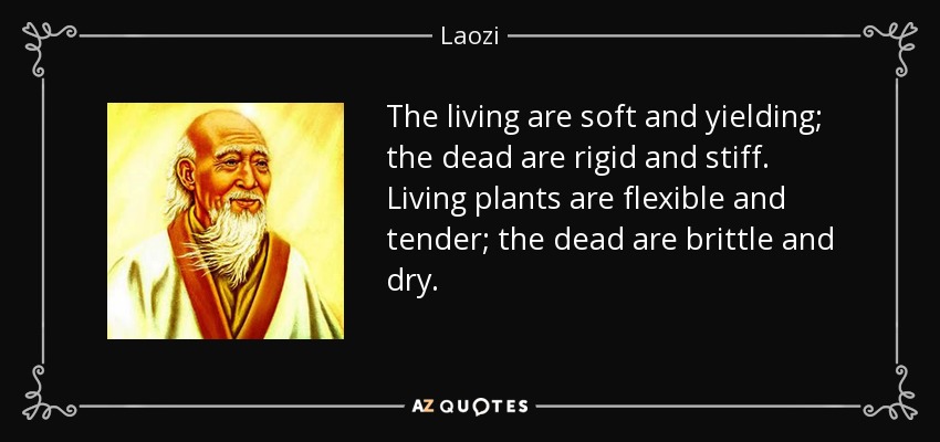 The living are soft and yielding; the dead are rigid and stiff. Living plants are flexible and tender; the dead are brittle and dry. - Laozi