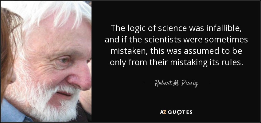 The logic of science was infallible, and if the scientists were sometimes mistaken, this was assumed to be only from their mistaking its rules. - Robert M. Pirsig