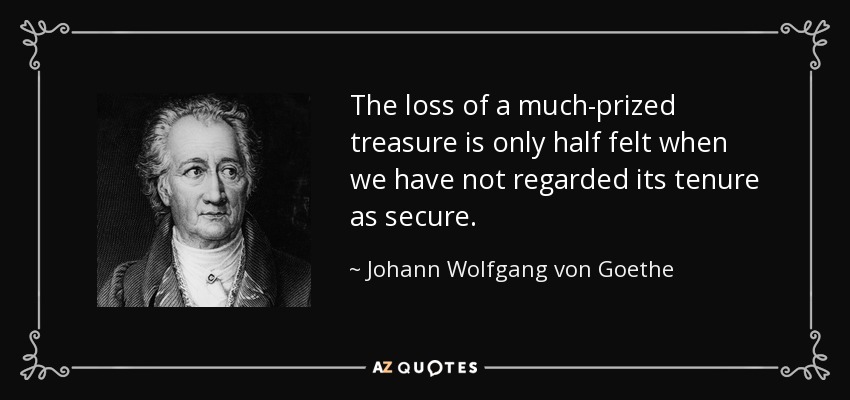 The loss of a much-prized treasure is only half felt when we have not regarded its tenure as secure. - Johann Wolfgang von Goethe