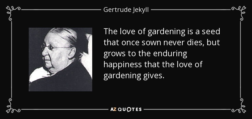 The love of gardening is a seed that once sown never dies, but grows to the enduring happiness that the love of gardening gives. - Gertrude Jekyll