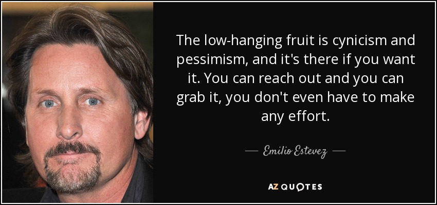 The low-hanging fruit is cynicism and pessimism, and it's there if you want it. You can reach out and you can grab it, you don't even have to make any effort. - Emilio Estevez