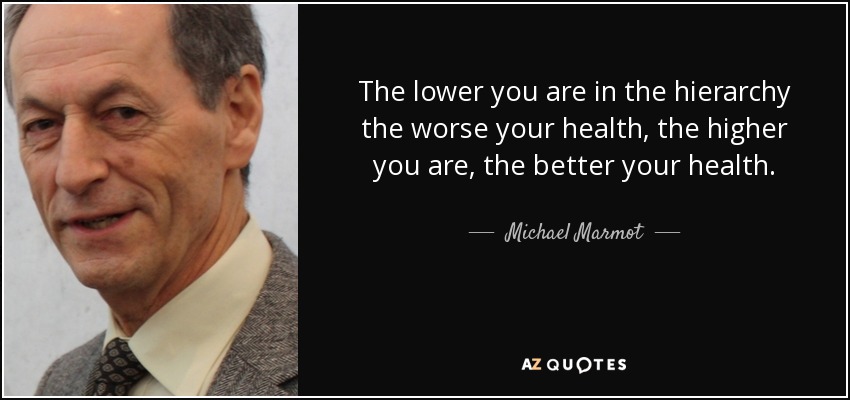 The lower you are in the hierarchy the worse your health, the higher you are, the better your health. - Michael Marmot