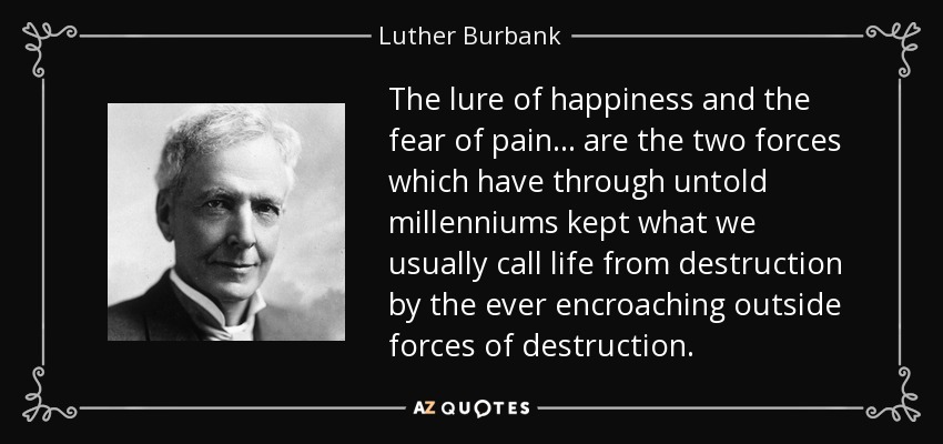 The lure of happiness and the fear of pain . . . are the two forces which have through untold millenniums kept what we usually call life from destruction by the ever encroaching outside forces of destruction. - Luther Burbank
