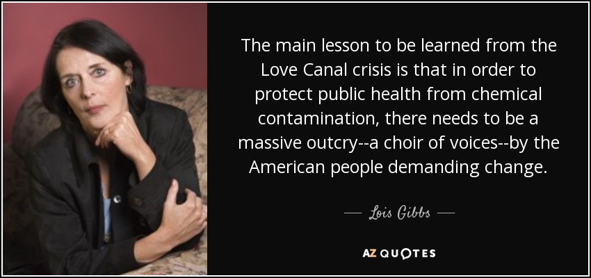 The main lesson to be learned from the Love Canal crisis is that in order to protect public health from chemical contamination, there needs to be a massive outcry--a choir of voices--by the American people demanding change. - Lois Gibbs
