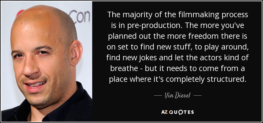The majority of the filmmaking process is in pre-production. The more you've planned out the more freedom there is on set to find new stuff, to play around, find new jokes and let the actors kind of breathe - but it needs to come from a place where it's completely structured. - Vin Diesel