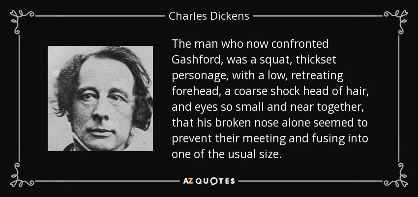 The man who now confronted Gashford, was a squat, thickset personage, with a low, retreating forehead, a coarse shock head of hair, and eyes so small and near together, that his broken nose alone seemed to prevent their meeting and fusing into one of the usual size. - Charles Dickens