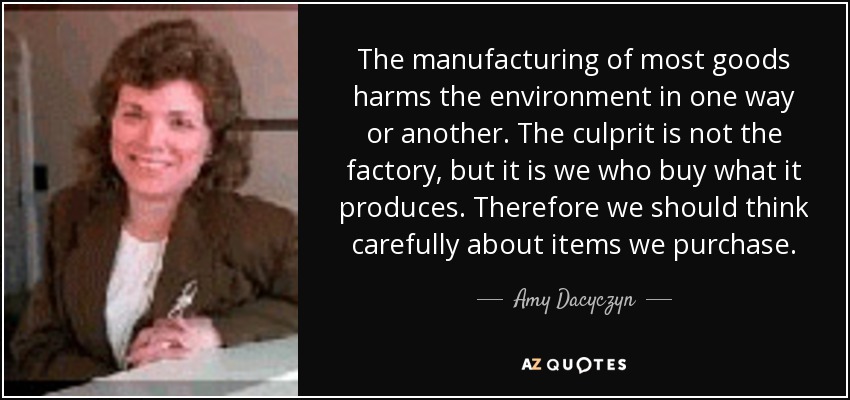 The manufacturing of most goods harms the environment in one way or another. The culprit is not the factory, but it is we who buy what it produces. Therefore we should think carefully about items we purchase. - Amy Dacyczyn