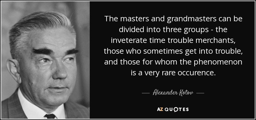 The masters and grandmasters can be divided into three groups - the inveterate time trouble merchants, those who sometimes get into trouble, and those for whom the phenomenon is a very rare occurence. - Alexander Kotov
