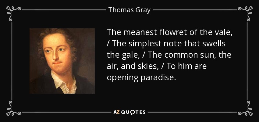 The meanest flowret of the vale, / The simplest note that swells the gale, / The common sun, the air, and skies, / To him are opening paradise. - Thomas Gray