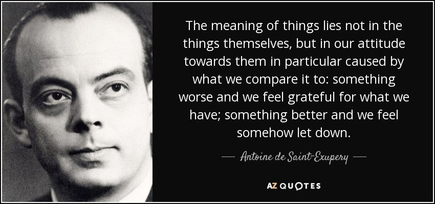 The meaning of things lies not in the things themselves, but in our attitude towards them in particular caused by what we compare it to: something worse and we feel grateful for what we have; something better and we feel somehow let down. - Antoine de Saint-Exupery