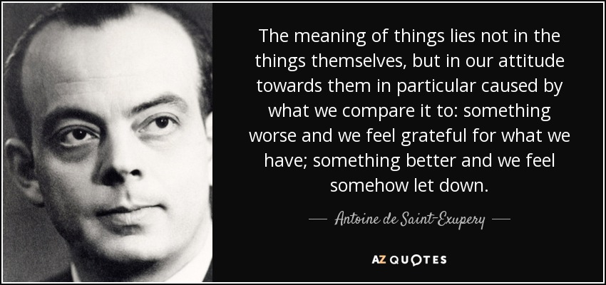 The meaning of things lies not in the things themselves, but in our attitude towards them in particular caused by what we compare it to: something worse and we feel grateful for what we have; something better and we feel somehow let down. - Antoine de Saint-Exupery