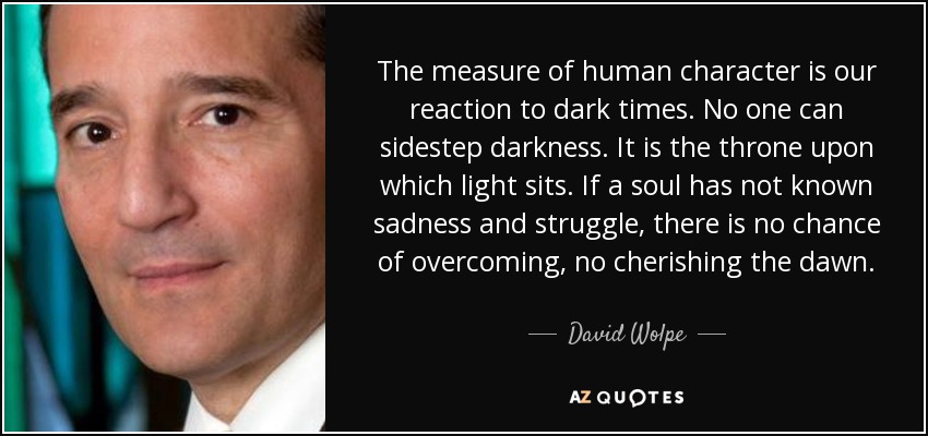 The measure of human character is our reaction to dark times. No one can sidestep darkness. It is the throne upon which light sits. If a soul has not known sadness and struggle, there is no chance of overcoming, no cherishing the dawn. - David Wolpe