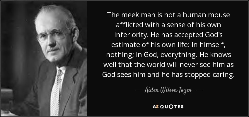 The meek man is not a human mouse afflicted with a sense of his own inferiority. He has accepted God's estimate of his own life: In himself, nothing; In God, everything. He knows well that the world will never see him as God sees him and he has stopped caring. - Aiden Wilson Tozer